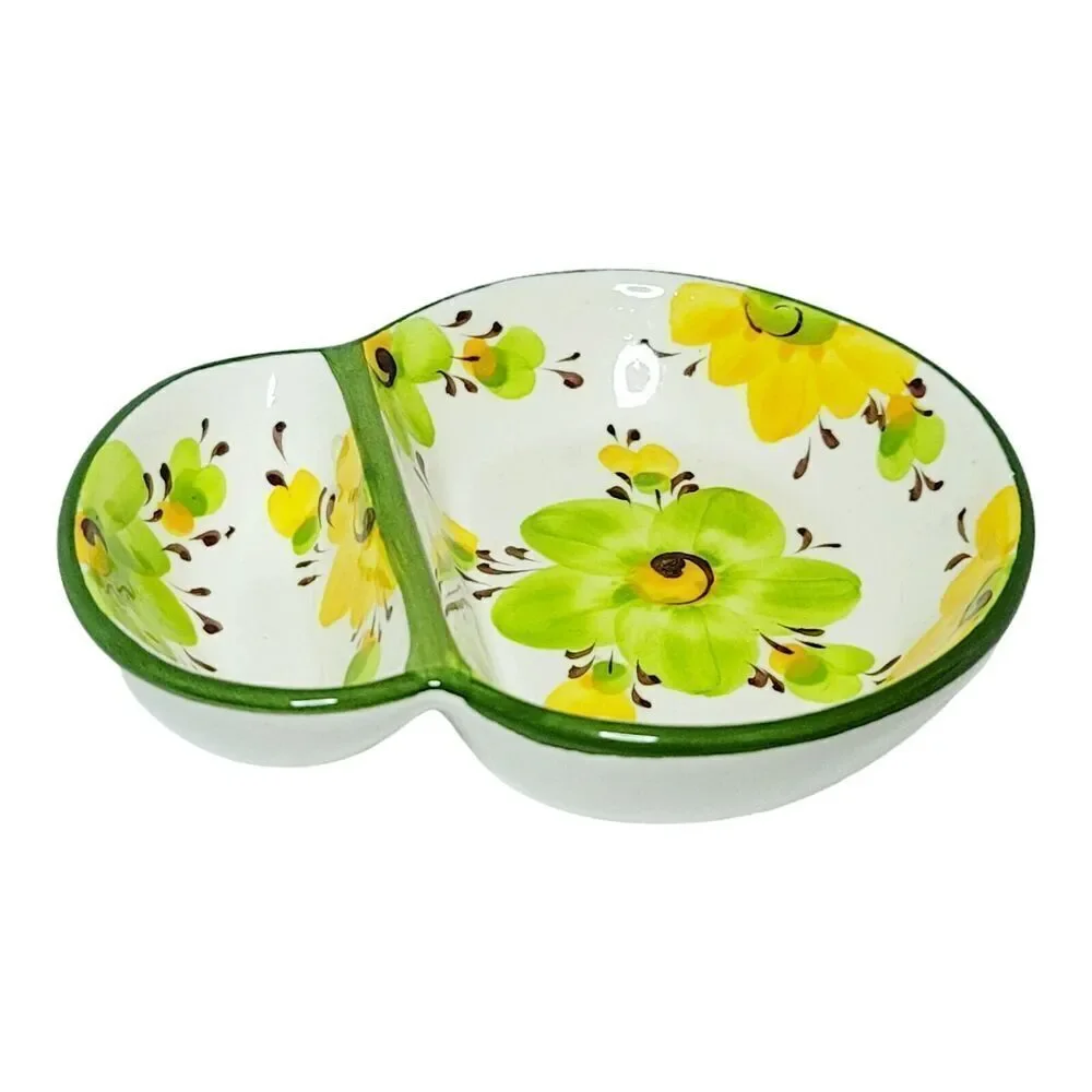 Hand Painted Pottery Olive Dish Portugal White With Yellow Green Flowers Signed‎